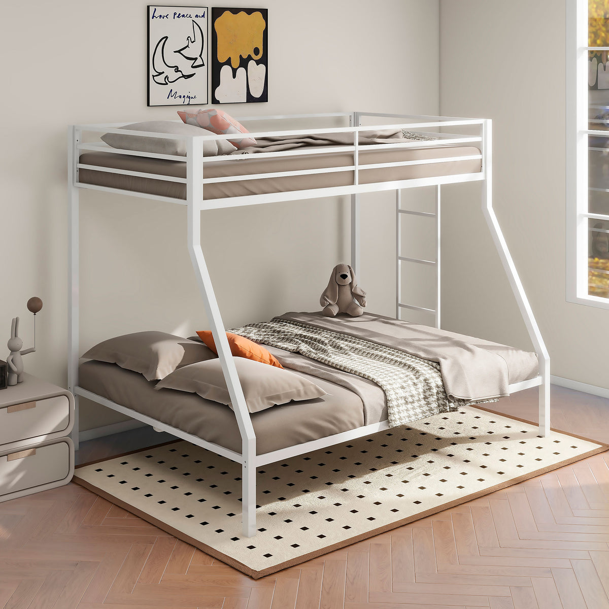 Alevera Twin-Over-Full Steel Bunk Bed with Ladder Matte - White