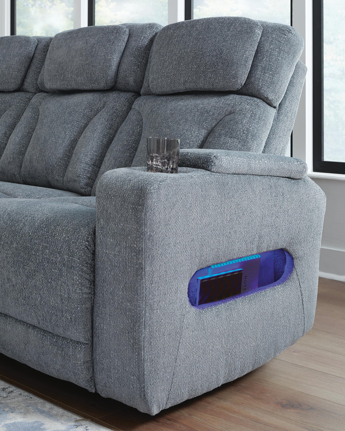 Studio Cave PWR REC Sofa with ADJ Headrest Chenille Next-Gen Nuvella™ Performance Fabric