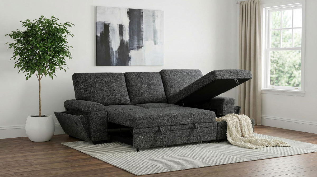 Demko Sleeper Sectional Sofa with Speaker and Storage Chaise - Granite