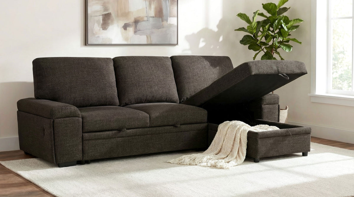 Demko Sleeper Sectional Sofa with Speaker and Storage Chaise - Brown