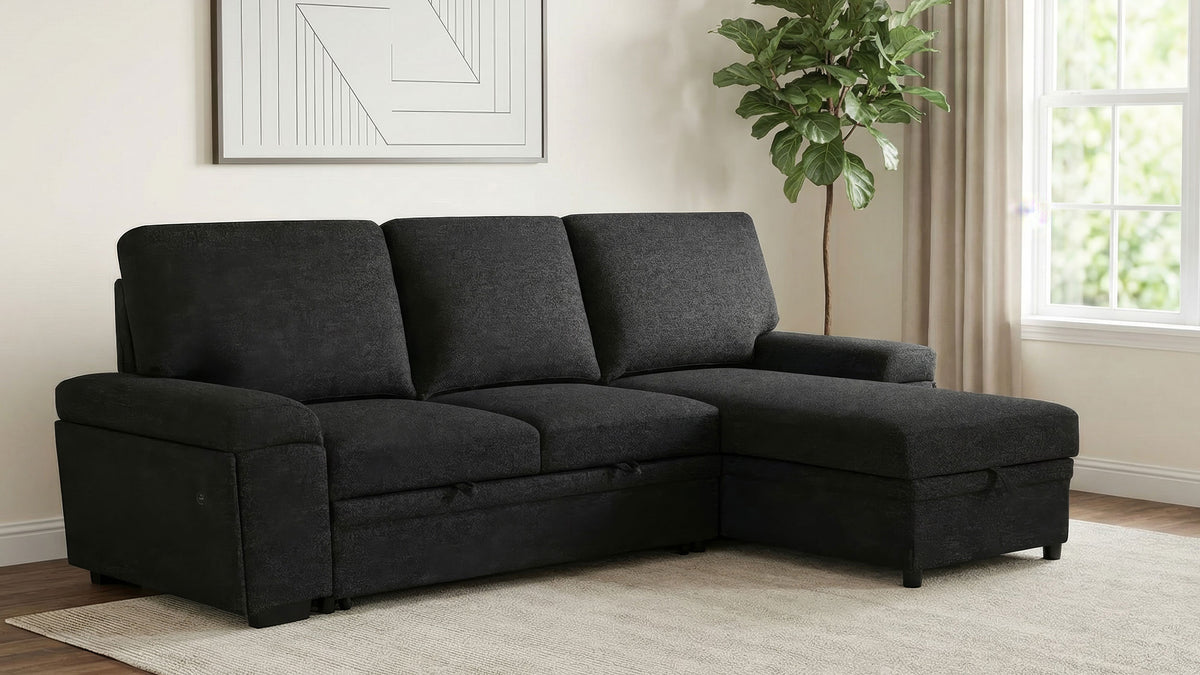 Demko Sleeper Sectional Sofa with Speaker and Storage Chaise - Black