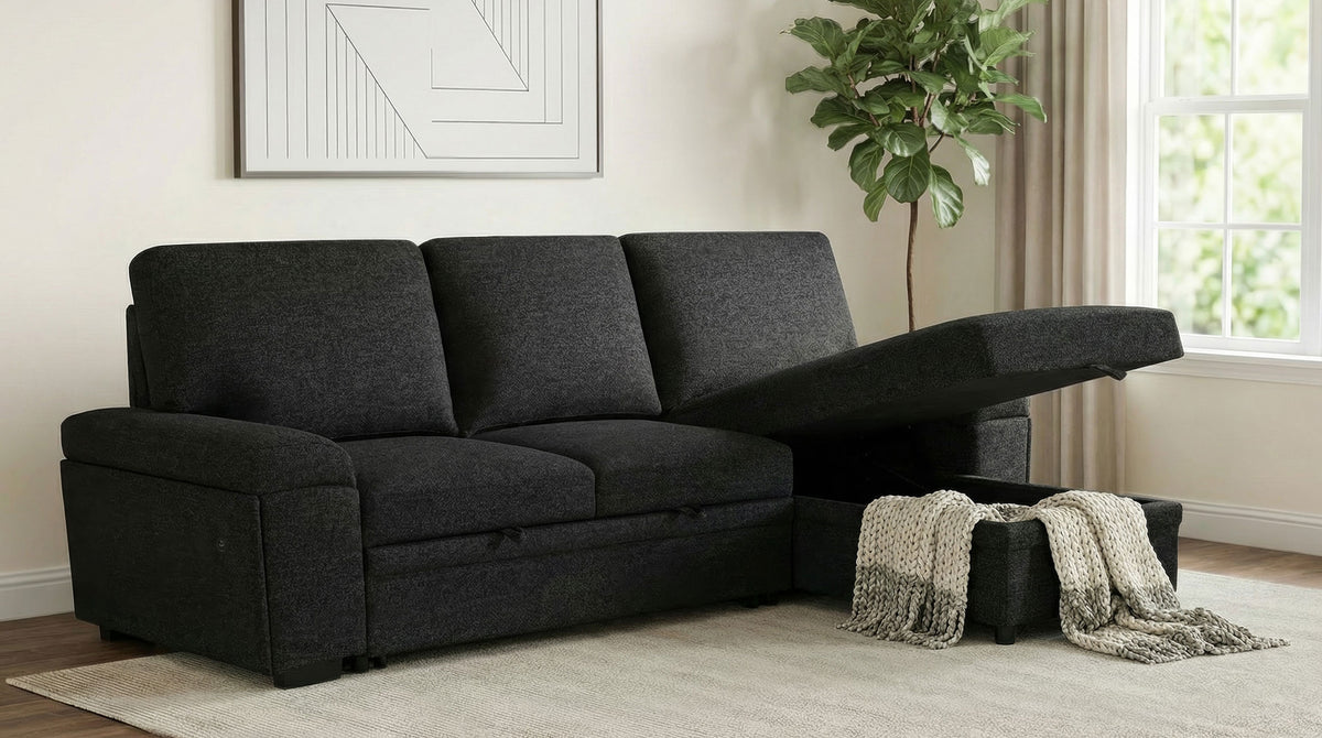 Demko Sleeper Sectional Sofa with Speaker and Storage Chaise - Black