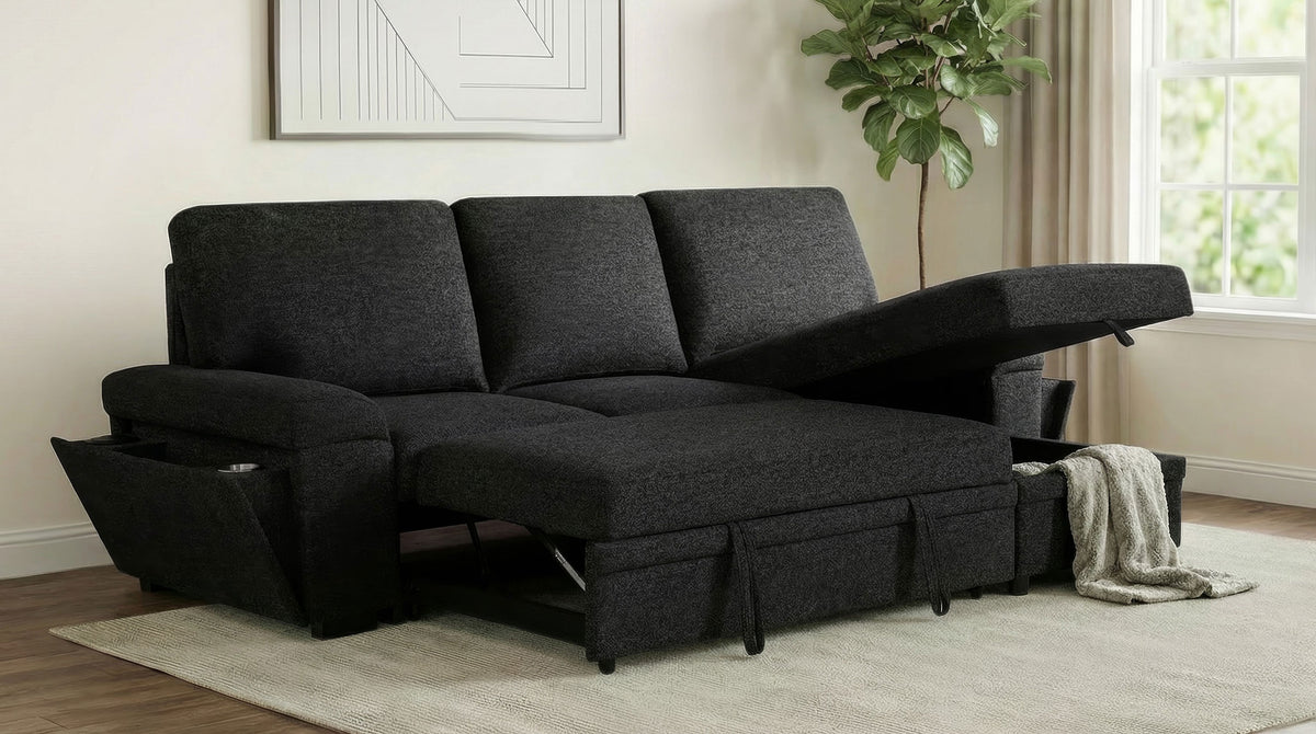 Demko Sleeper Sectional Sofa with Speaker and Storage Chaise - Black