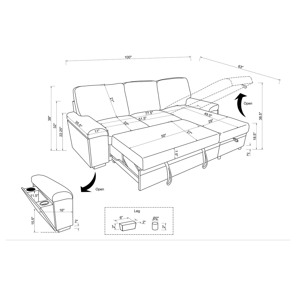 Demko Sleeper Sectional Sofa with Speaker and Storage Chaise - Black