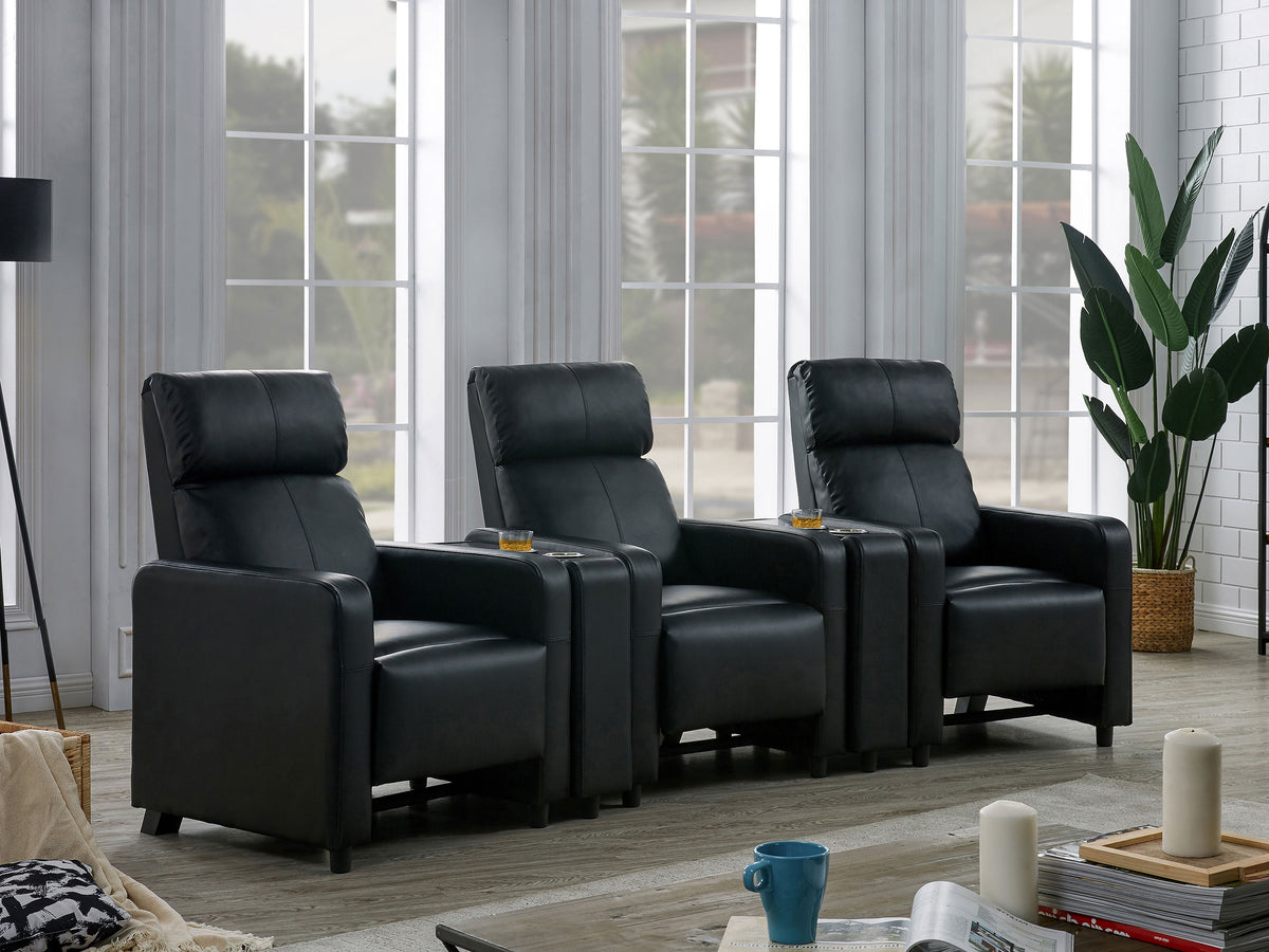 Toohey Upholstered Tufted Recliner Living Room Set Black with 3 Push-Back Recliners and 2 Wedge Consoles