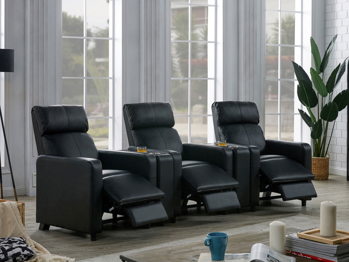Toohey Upholstered Tufted Recliner Living Room Set Black with 3 Push-Back Recliners and 2 Wedge Consoles