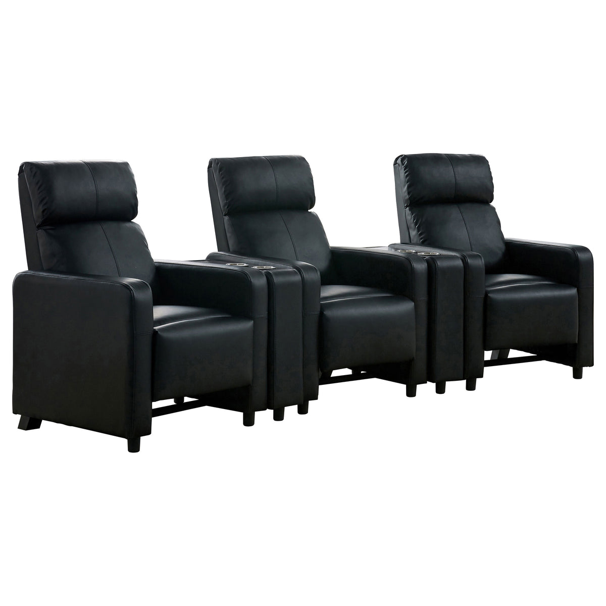Toohey Upholstered Tufted Recliner Living Room Set Black with 3 Push-Back Recliners and 2 Wedge Consoles