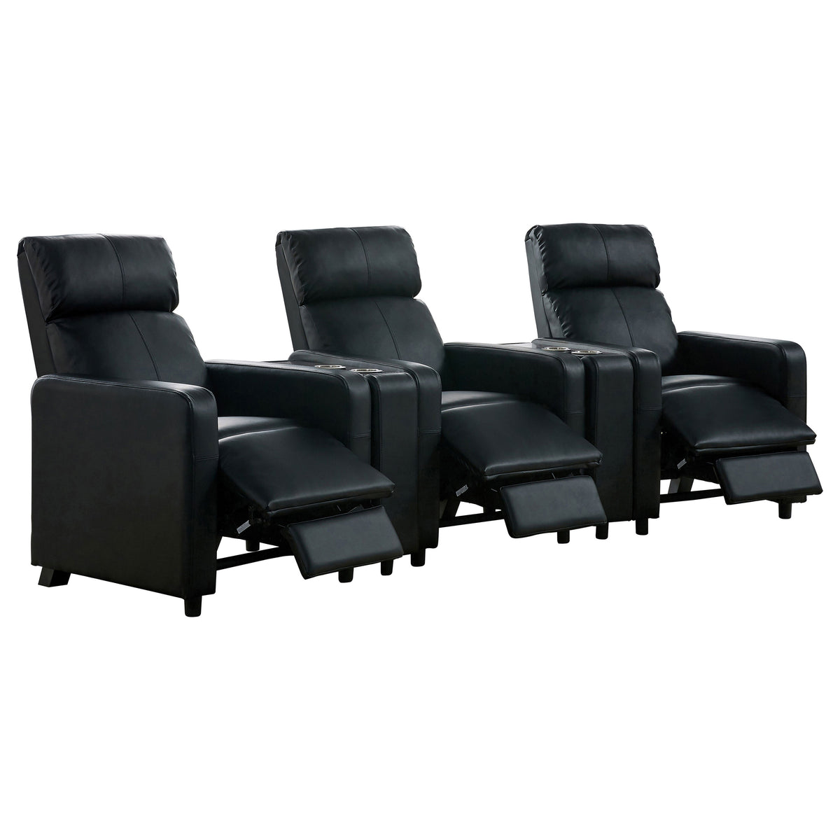 Toohey Upholstered Tufted Recliner Living Room Set Black with 3 Push-Back Recliners and 2 Wedge Consoles