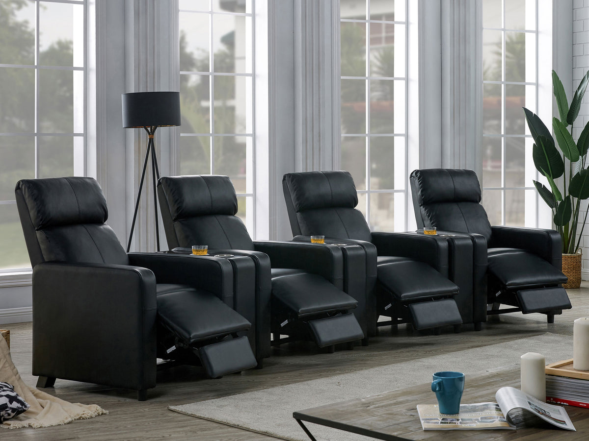 Toohey Upholstered Tufted Recliner Living Room Set Black with 4 Push-Back Recliners and 3 Wedge Consoles