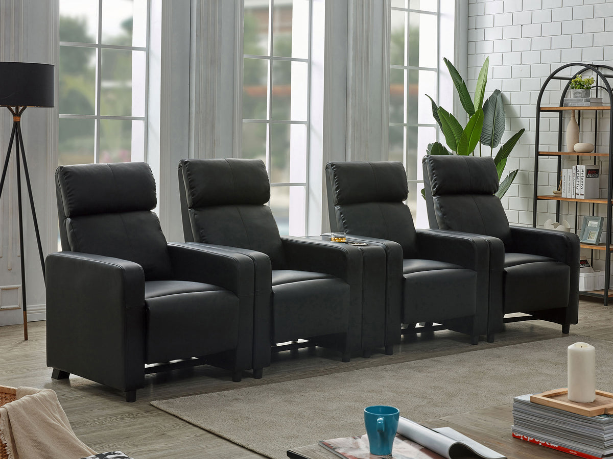 Toohey Upholstered Tufted Recliner Living Room Set Black with 4 Push-Back Recliners and 1 Wedge Console