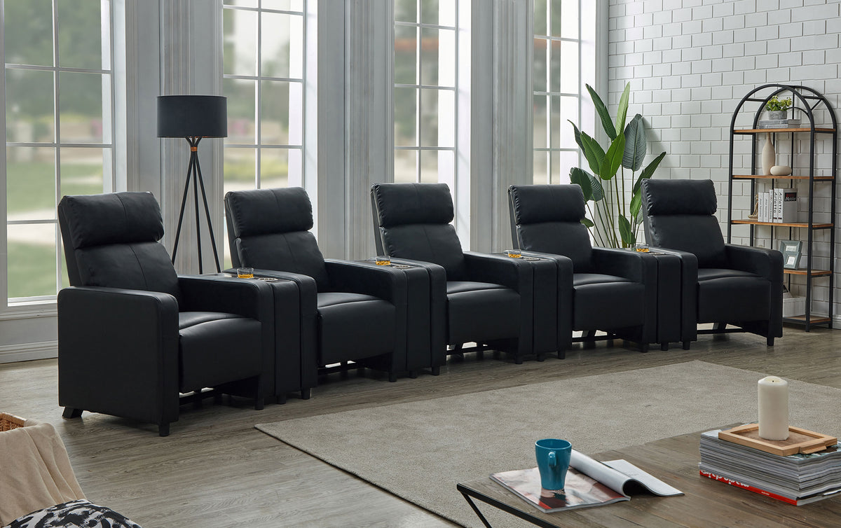 Toohey Upholstered Tufted Recliner Living Room Set Black with 5 Push-Back Recliners and 4 Wedge Consoles