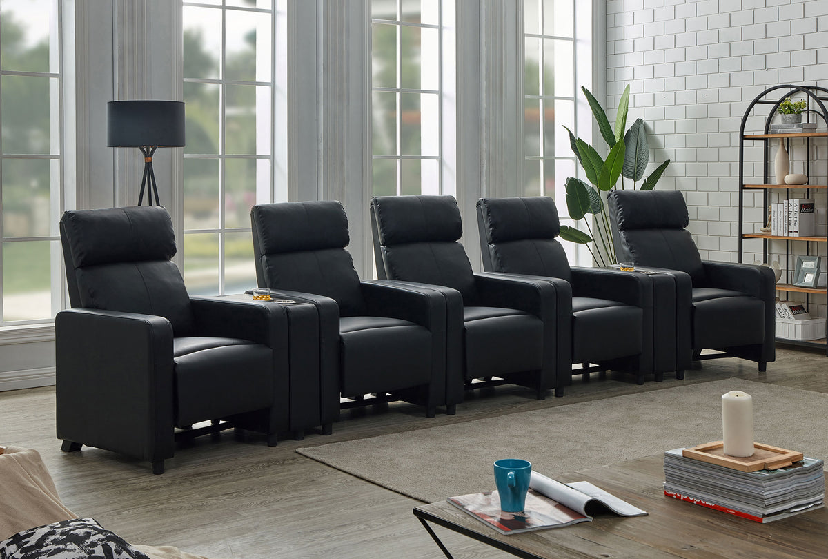 Toohey Upholstered Tufted Recliner Living Room Set Black with 5 Push-Back Recliners and 2 Wedge Consoles