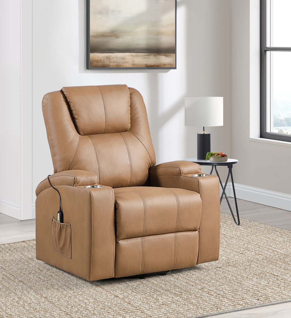 Armstrong Channel-Stitched Faux Leather Power Lift Massage Recliner - Camel
