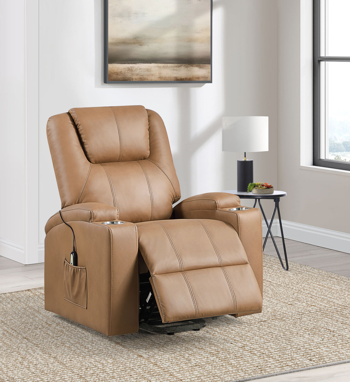 Armstrong Channel-Stitched Faux Leather Power Lift Massage Recliner - Camel