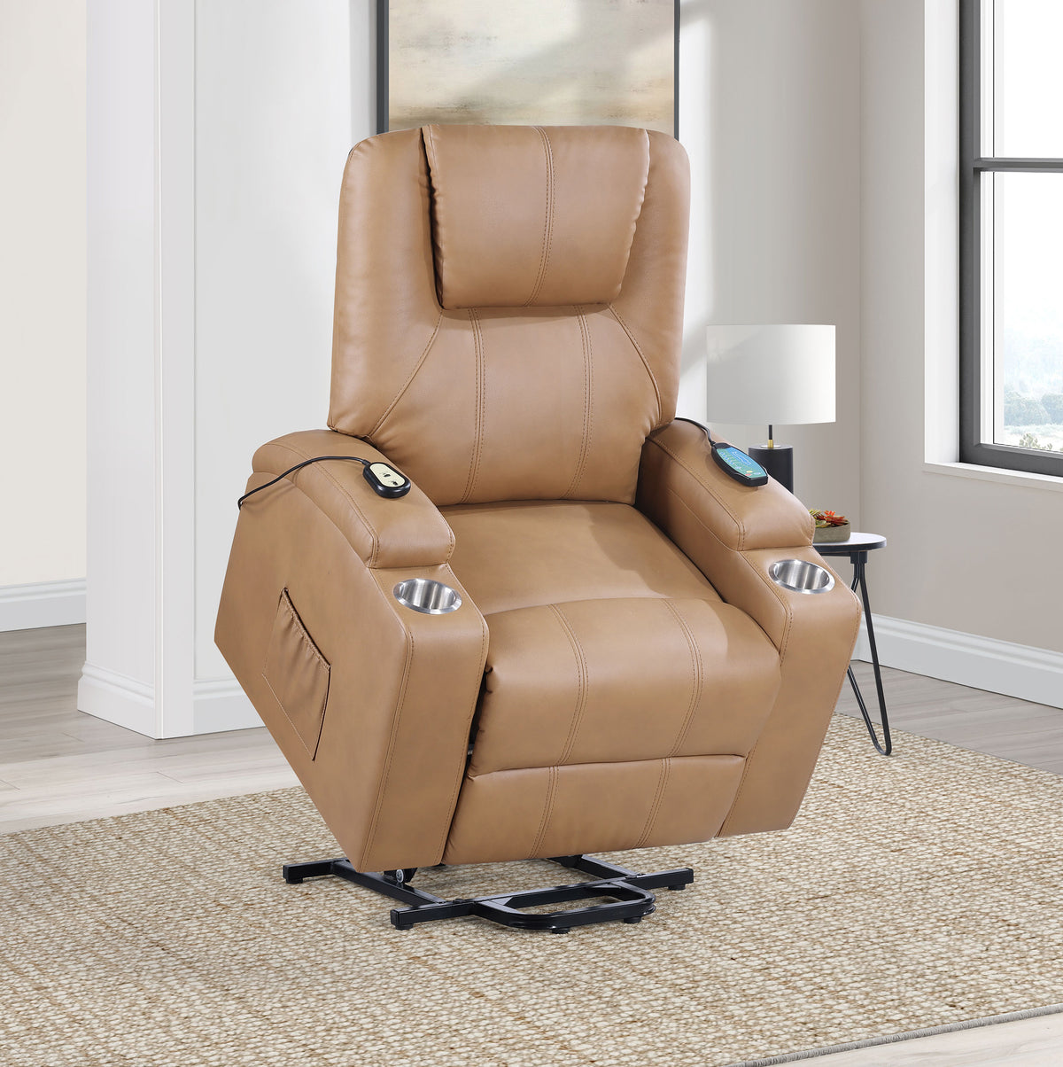 Armstrong Channel-Stitched Faux Leather Power Lift Massage Recliner - Camel
