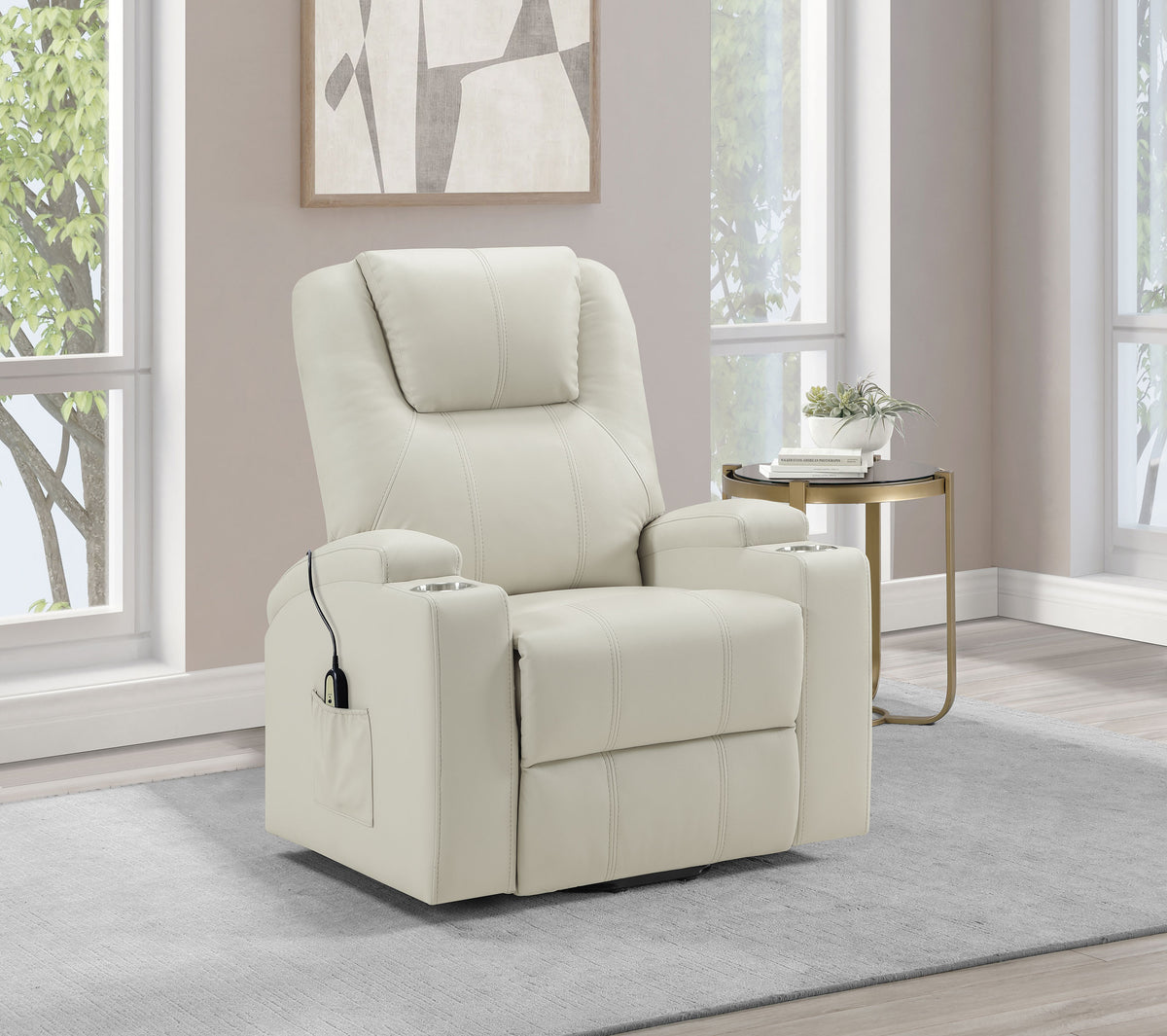 Armstrong Channel-Stitched Faux Leather Power Lift Massage Recliner - Ivory