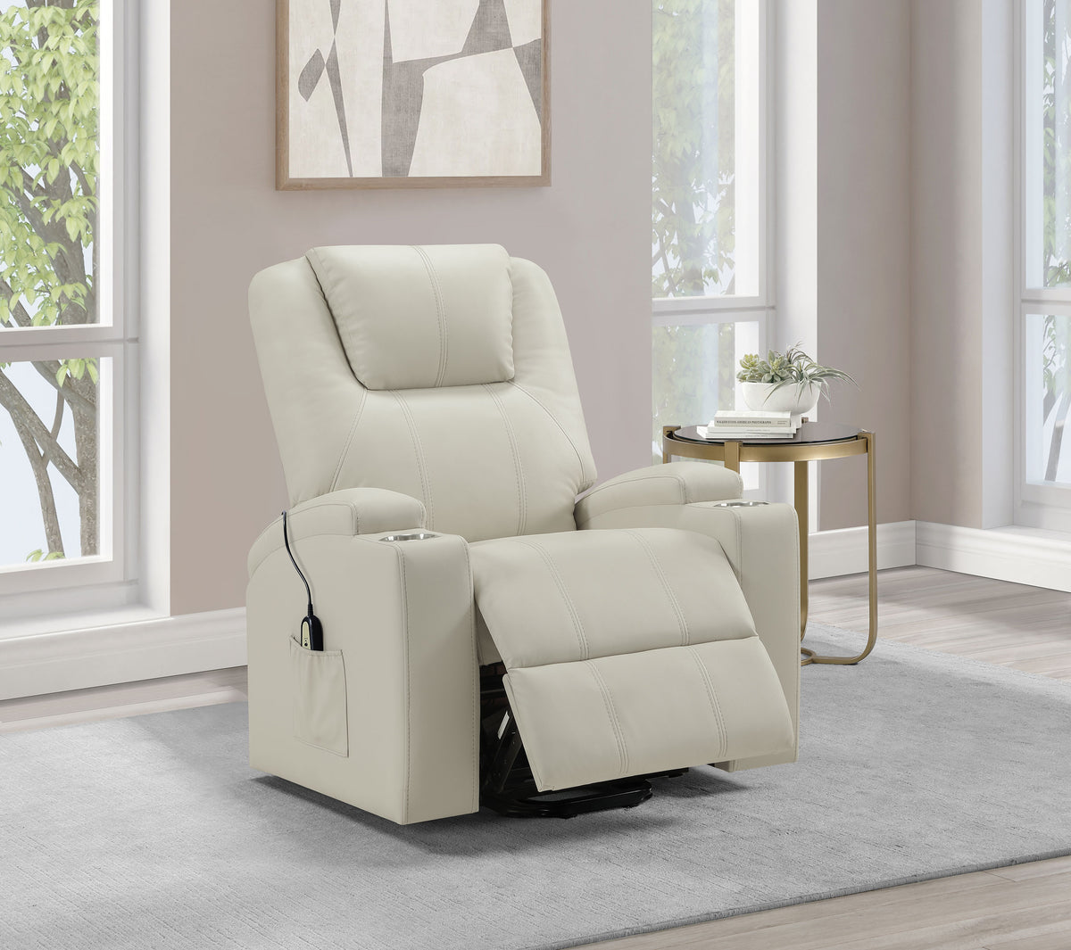 Armstrong Channel-Stitched Faux Leather Power Lift Massage Recliner - Ivory