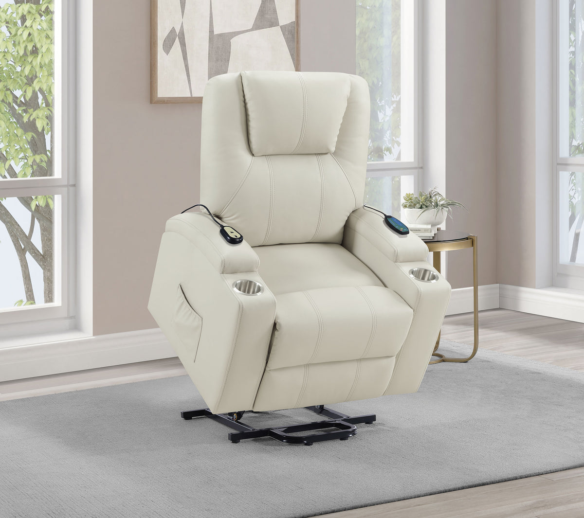 Armstrong Channel-Stitched Faux Leather Power Lift Massage Recliner - Ivory