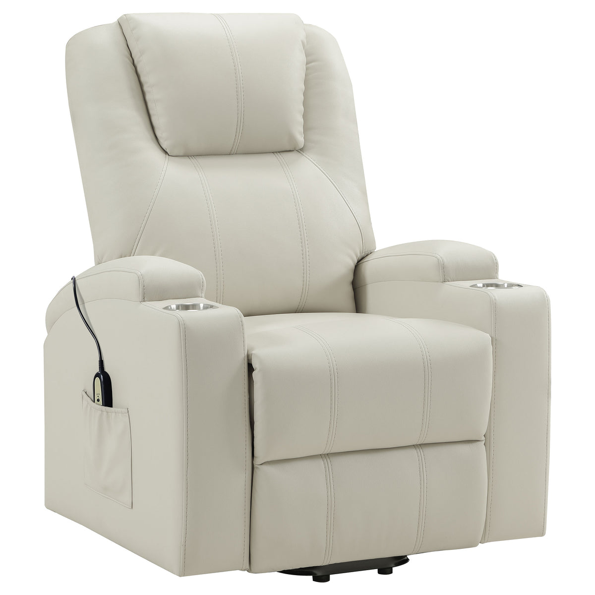 Armstrong Channel-Stitched Faux Leather Power Lift Massage Recliner - Ivory