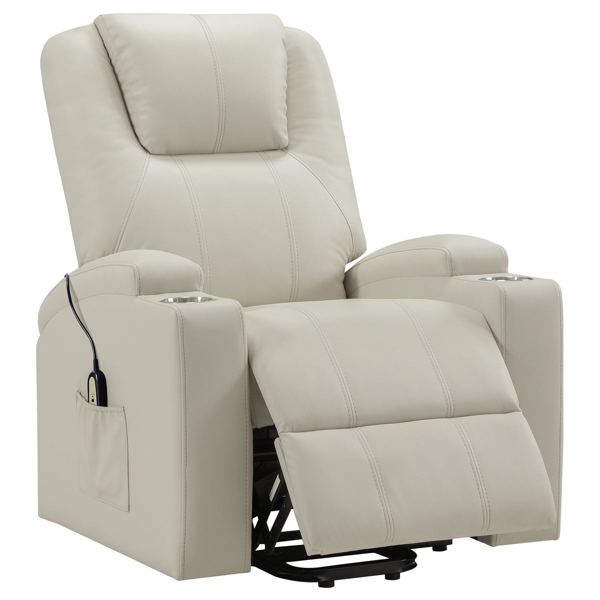 Armstrong Channel-Stitched Faux Leather Power Lift Massage Recliner - Ivory