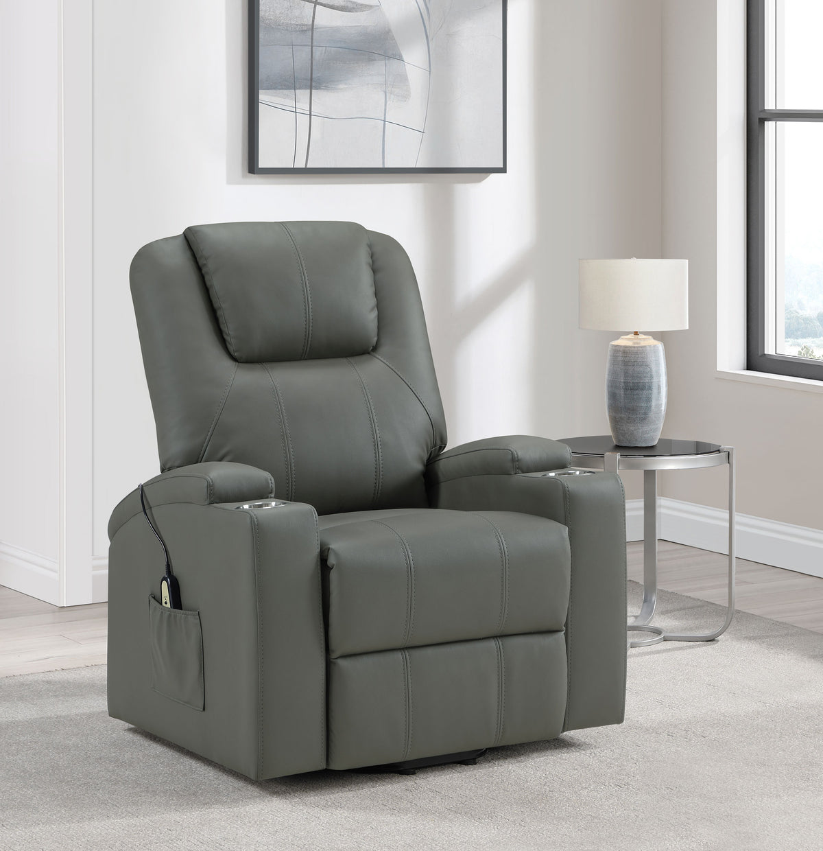 Armstrong Channel-Stitched Faux Leather Power Lift Massage Recliner - Grey