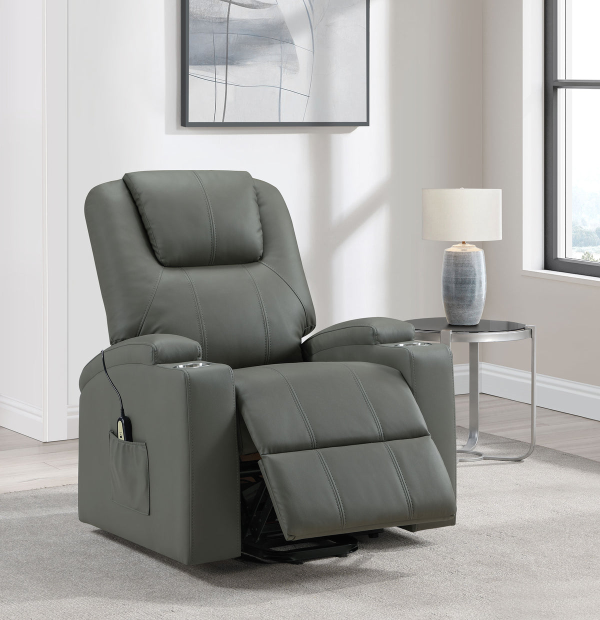 Armstrong Channel-Stitched Faux Leather Power Lift Massage Recliner - Grey