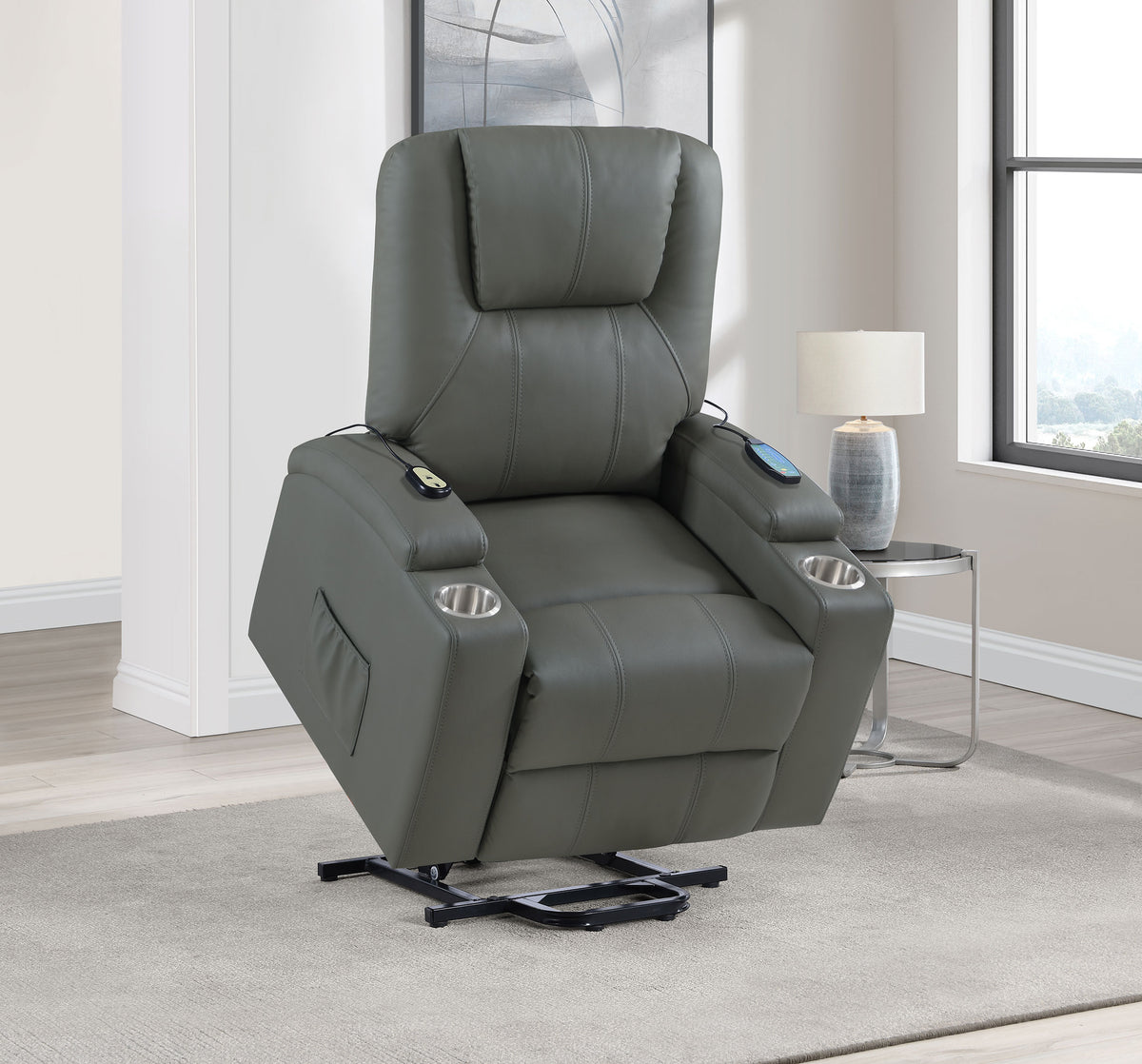 Armstrong Channel-Stitched Faux Leather Power Lift Massage Recliner - Grey