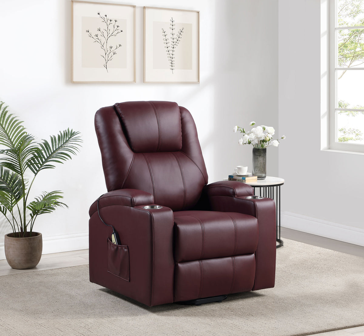Armstrong Channel-Stitched Faux Leather Power Lift Massage Recliner - Wine