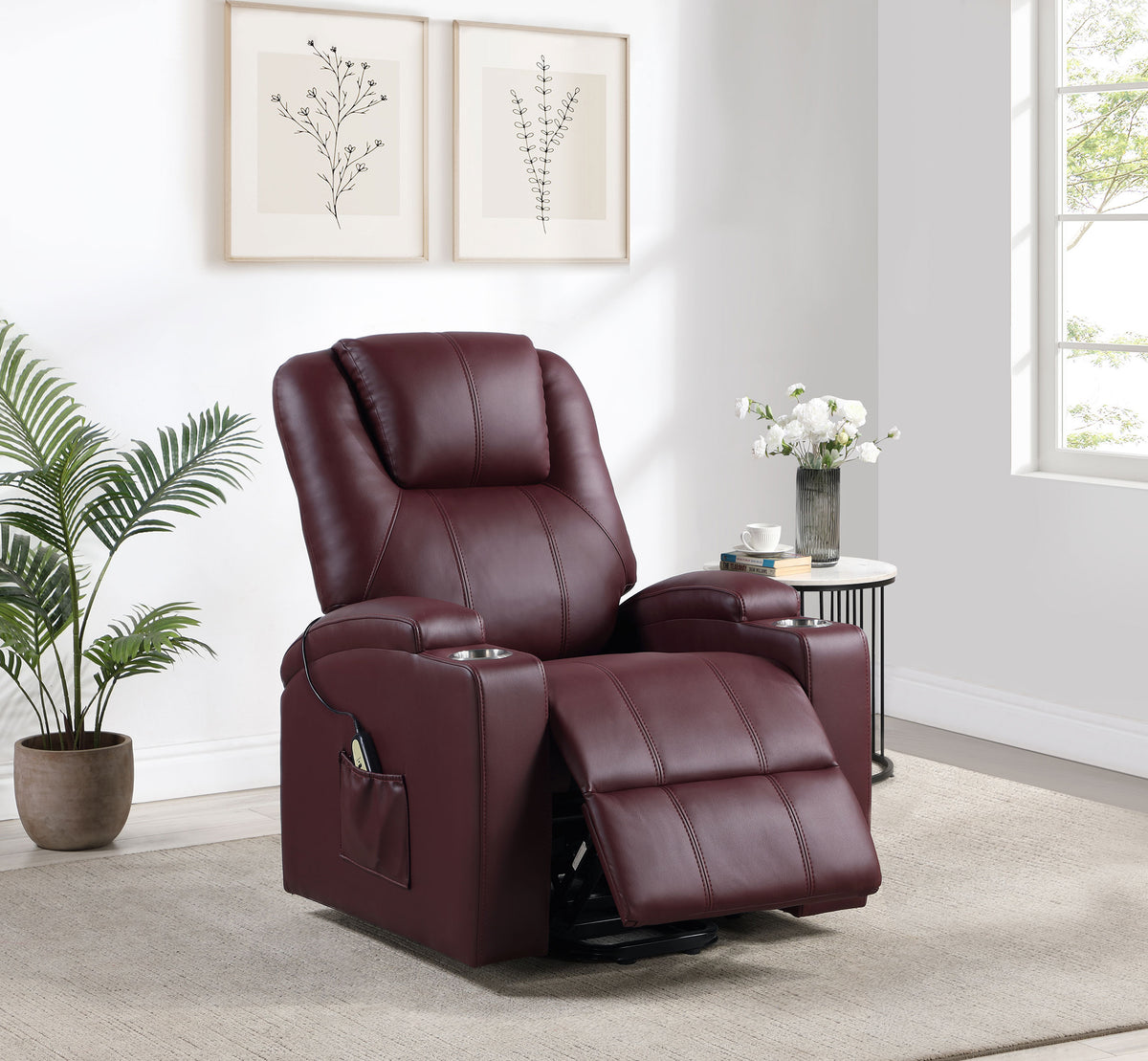 Armstrong Channel-Stitched Faux Leather Power Lift Massage Recliner - Wine