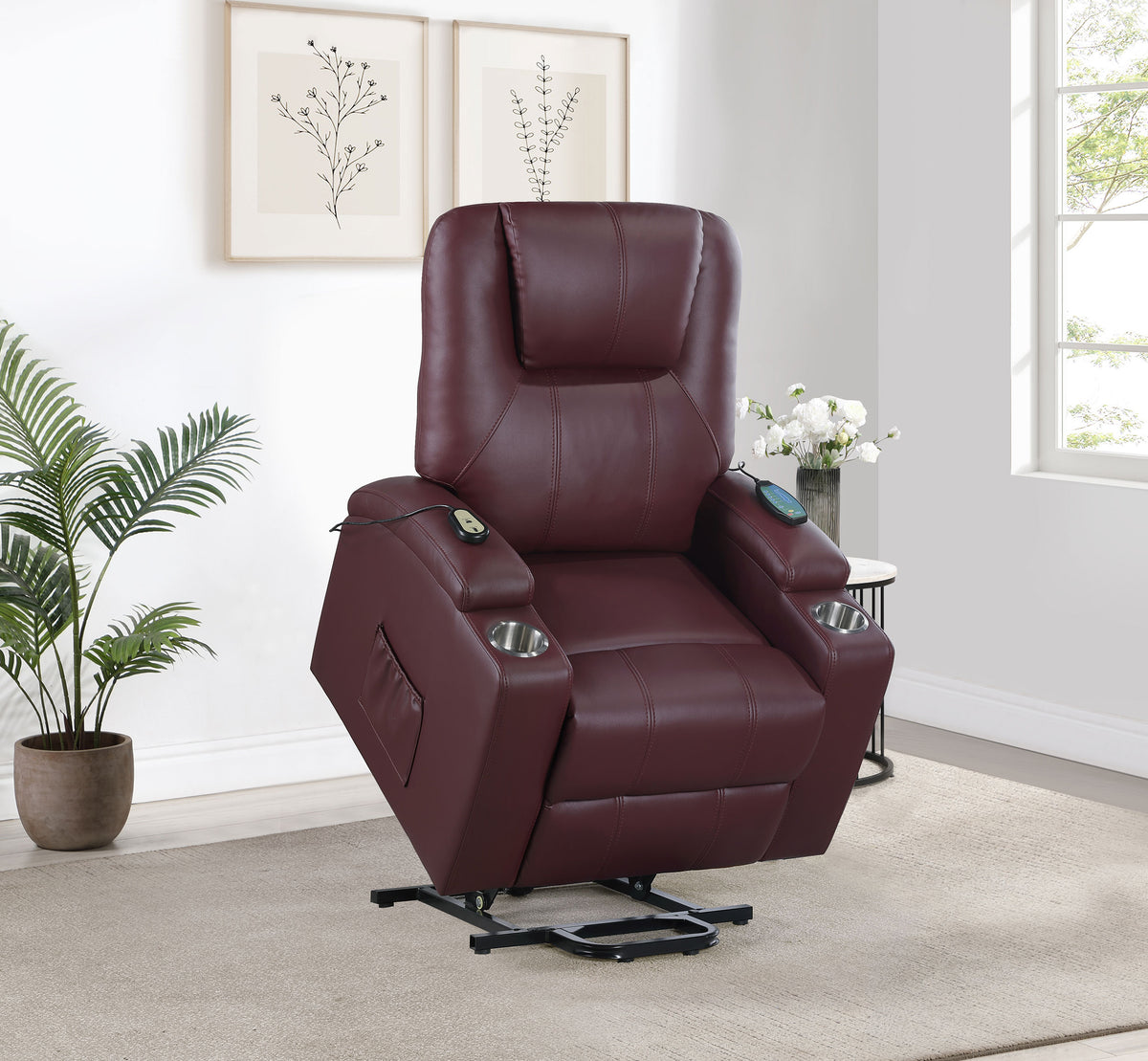 Armstrong Channel-Stitched Faux Leather Power Lift Massage Recliner - Wine
