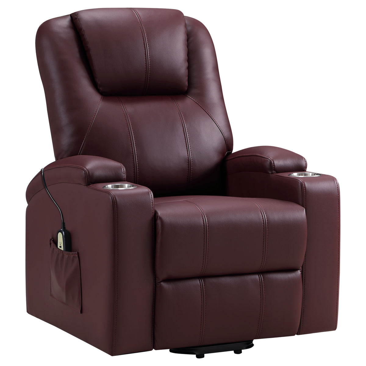 Armstrong Channel-Stitched Faux Leather Power Lift Massage Recliner - Wine