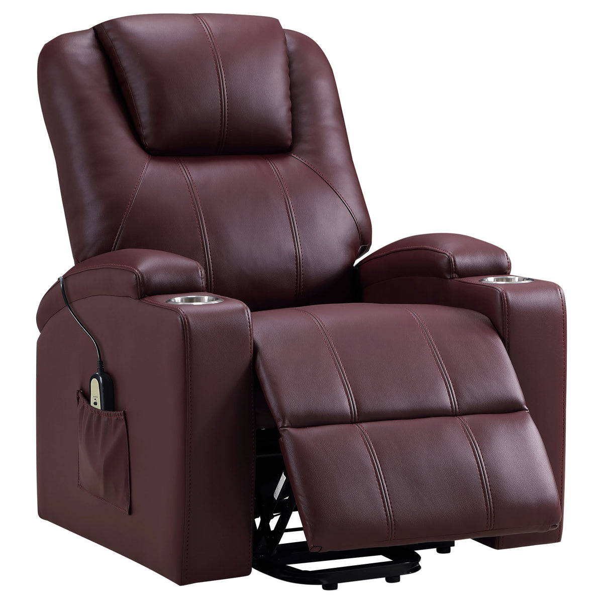 Armstrong Channel-Stitched Faux Leather Power Lift Massage Recliner - Wine