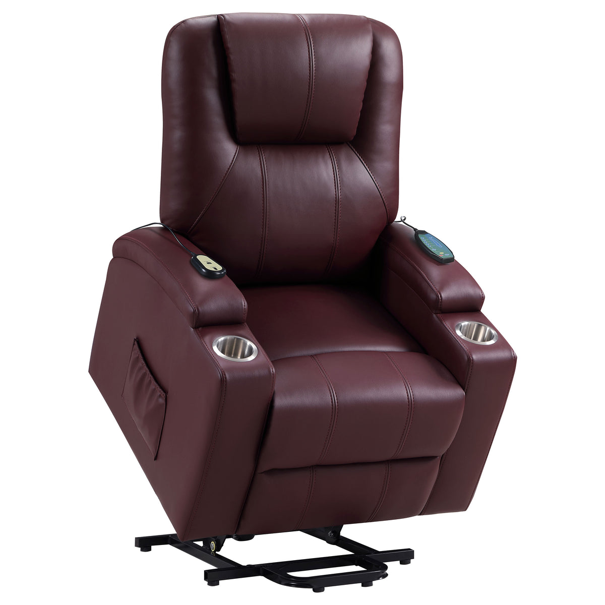 Armstrong Channel-Stitched Faux Leather Power Lift Massage Recliner - Wine