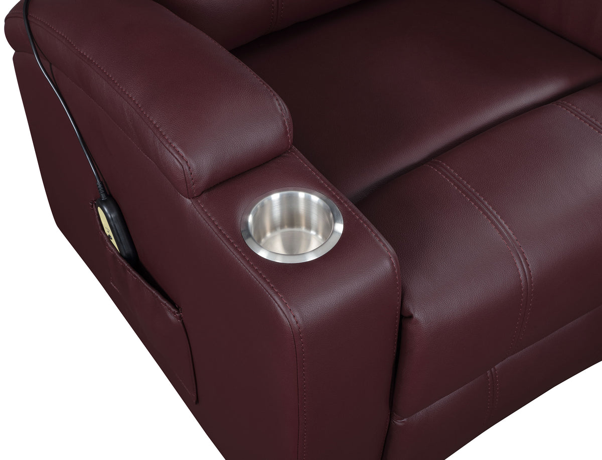 Armstrong Channel-Stitched Faux Leather Power Lift Massage Recliner - Wine