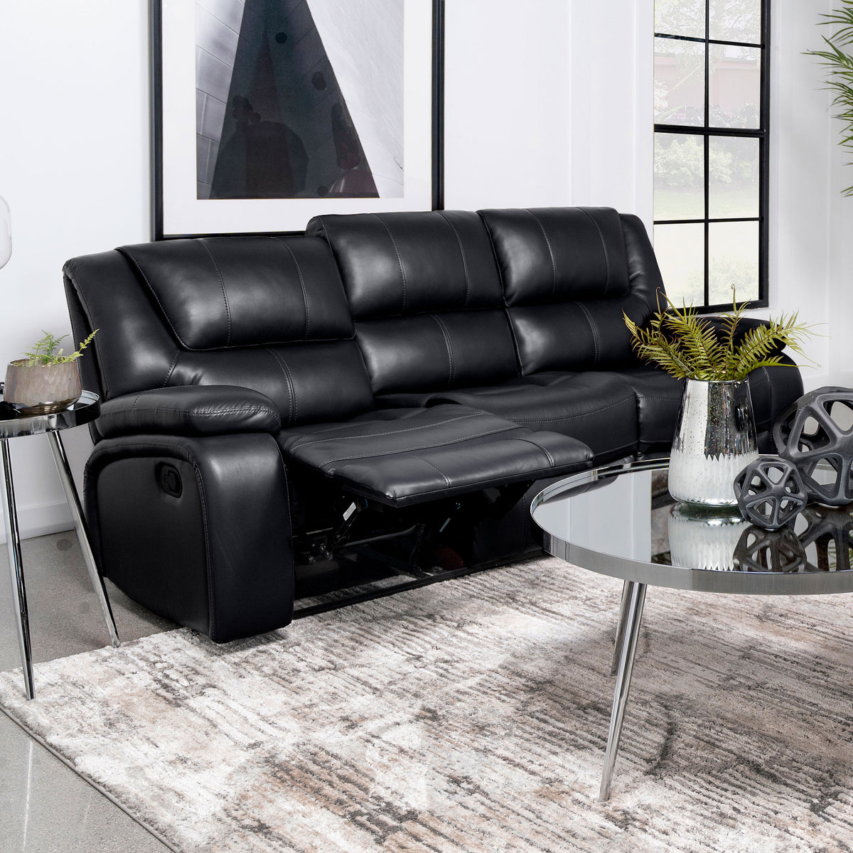 Camila Upholstered Motion Reclining Sofa - Black