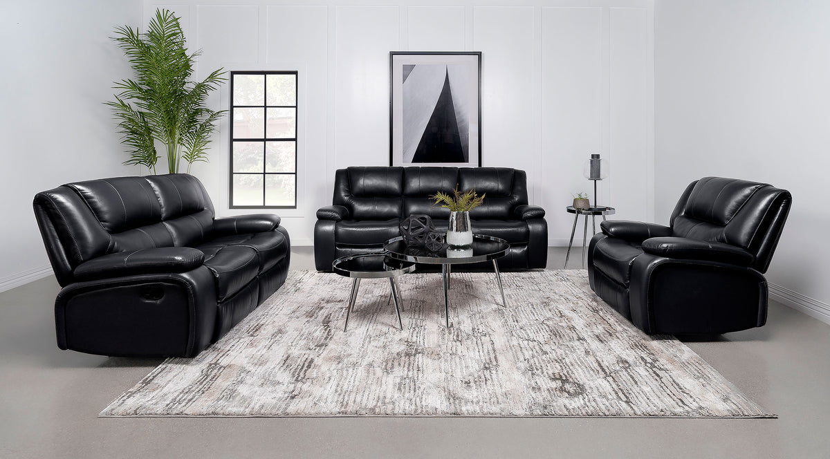 Camila Upholstered Motion Reclining Sofa - Black