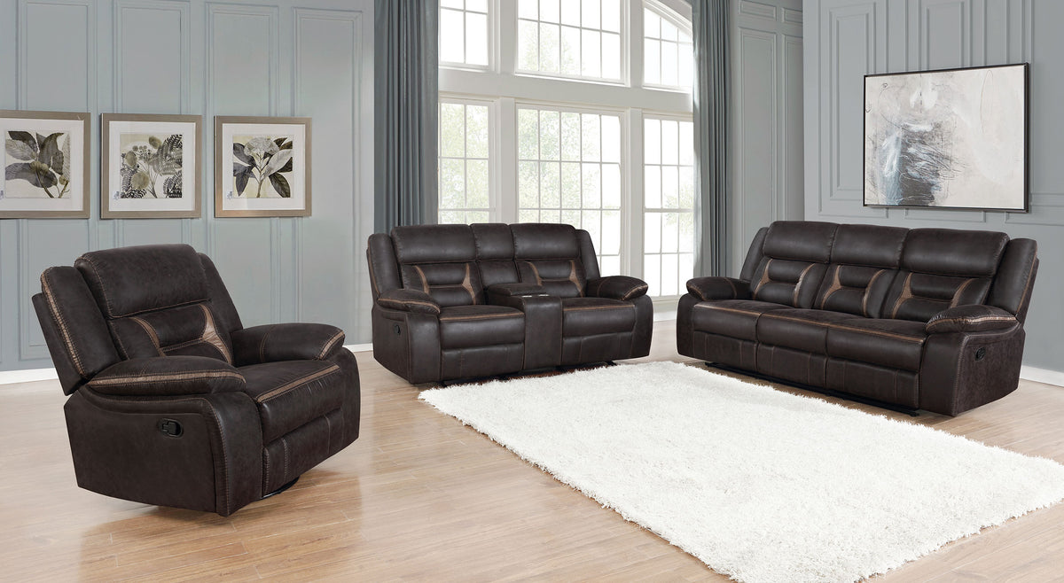 Greer Upholstered Motion Reclining Sofa - Brown