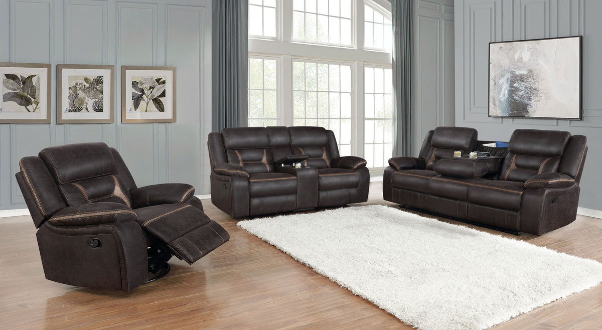 Greer Upholstered Motion Reclining Sofa - Brown