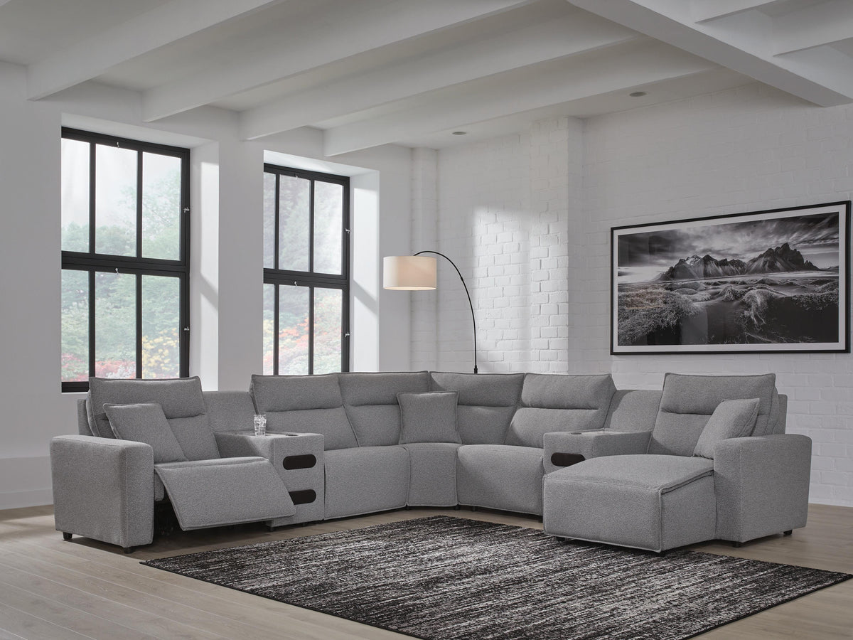 Modmax II 7-Piece Power Reclining Sectional with Chaise and Audio Consoles Next-Gen Nuvella™ - Salt and Pepper, Right Arm Facing