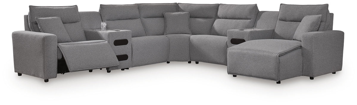 Modmax II 7-Piece Power Reclining Sectional with Chaise and Audio Consoles Next-Gen Nuvella™ - Salt and Pepper, Right Arm Facing
