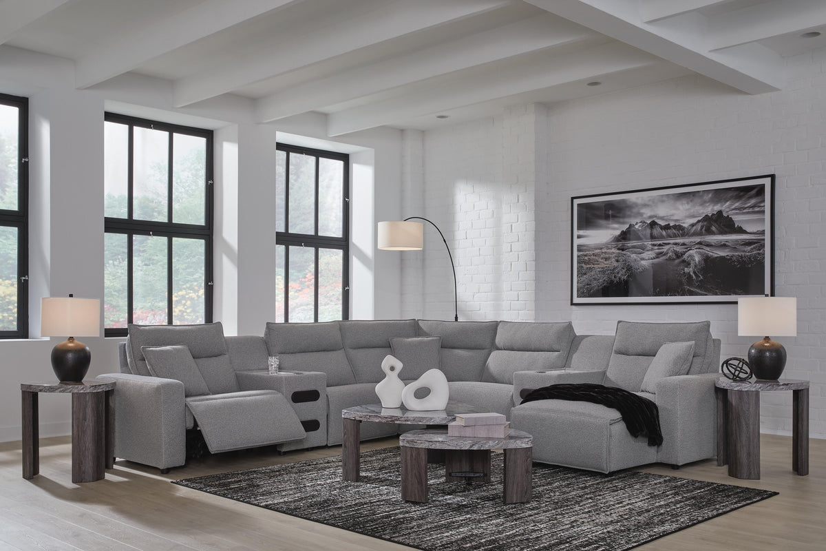 Modmax II 7-Piece Power Reclining Sectional with Chaise and Audio Consoles Next-Gen Nuvella™ - Salt and Pepper, Right Arm Facing
