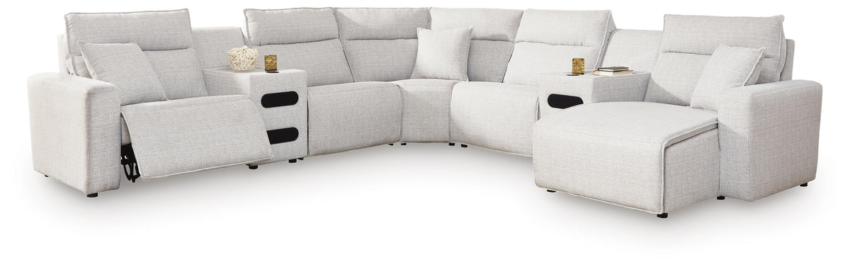 Modmax II 7-Piece Power Reclining Sectional with Chaise and Audio Consoles Next-Gen Nuvella™ - Stone, Right Arm Facing