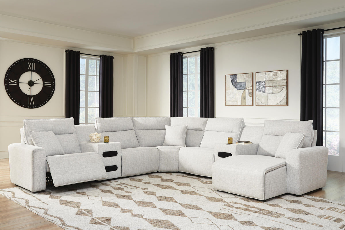 Modmax II 7-Piece Power Reclining Sectional with Chaise and Audio Consoles Next-Gen Nuvella™ - Stone, Right Arm Facing