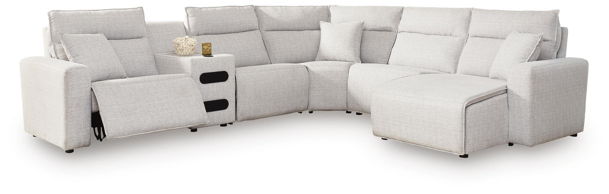Modmax II 6-Piece Reclining Sectional with Chaise and Audio Console Next-Gen Nuvella™ - Stone, Right Arm Facing