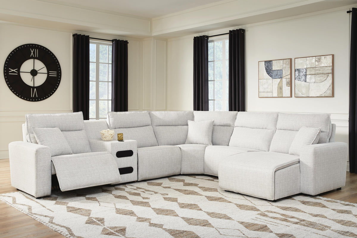 Modmax II 6-Piece Reclining Sectional with Chaise and Audio Console Next-Gen Nuvella™ - Stone, Right Arm Facing