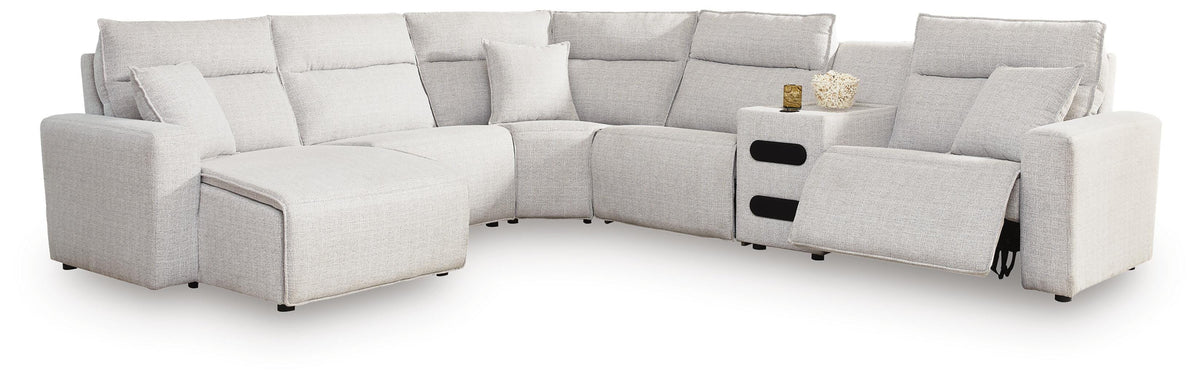 Modmax II 6-Piece Reclining Sectional with Chaise and Audio Console Next-Gen Nuvella™ - Stone, Left Arm Facing