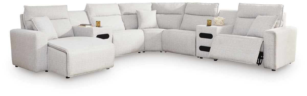 Modmax II 7-Piece Power Reclining Sectional with Chaise and Audio Consoles Next-Gen Nuvella™ - Stone, Left Arm Facing