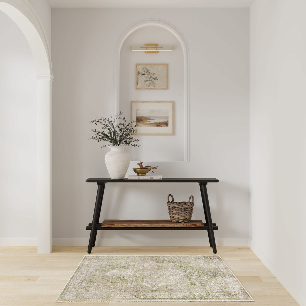 Astra Machine Washable ASW12 Ivory Green Rug - room scene