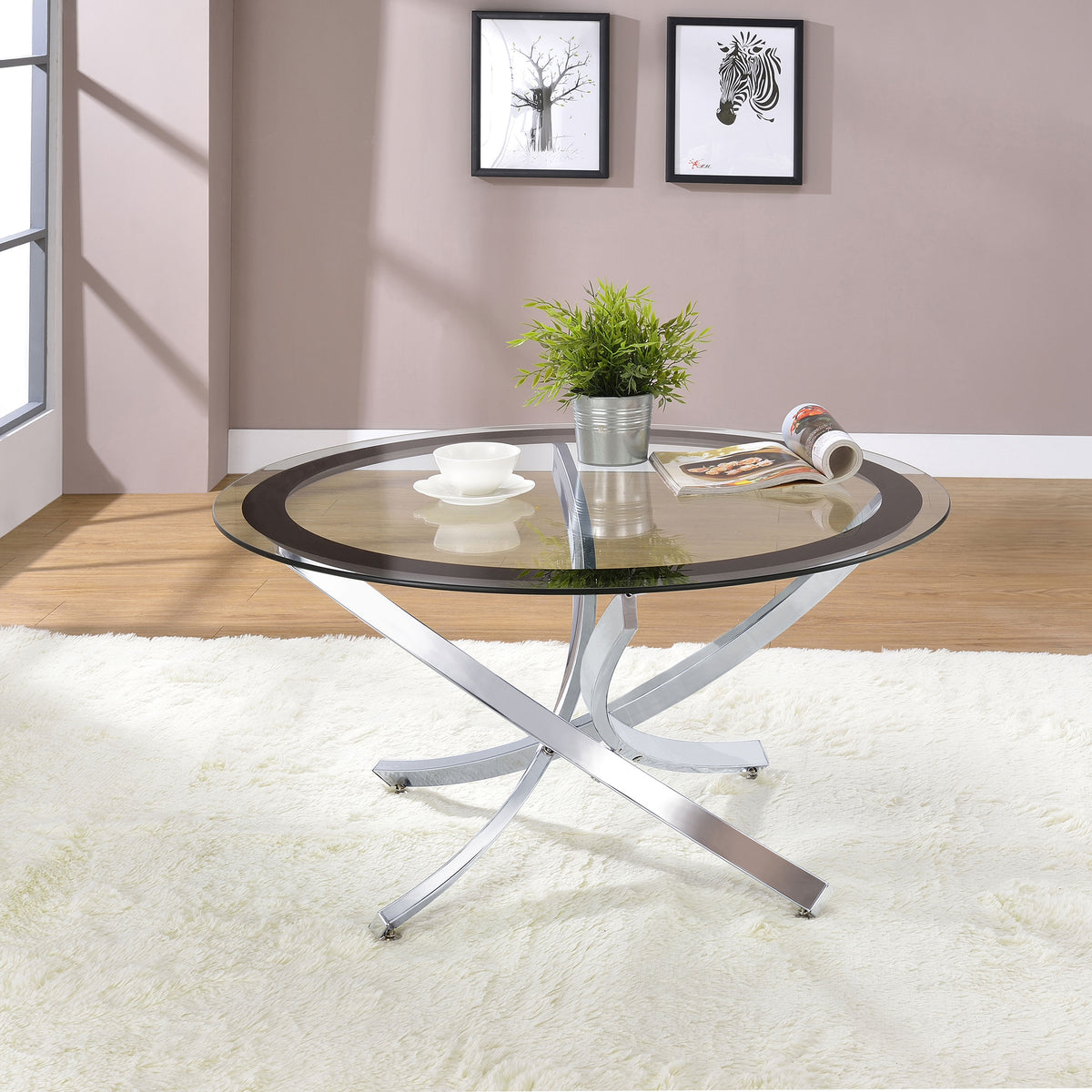 Brooke Round Glass Top Coffee Table Metal Base - Chrome