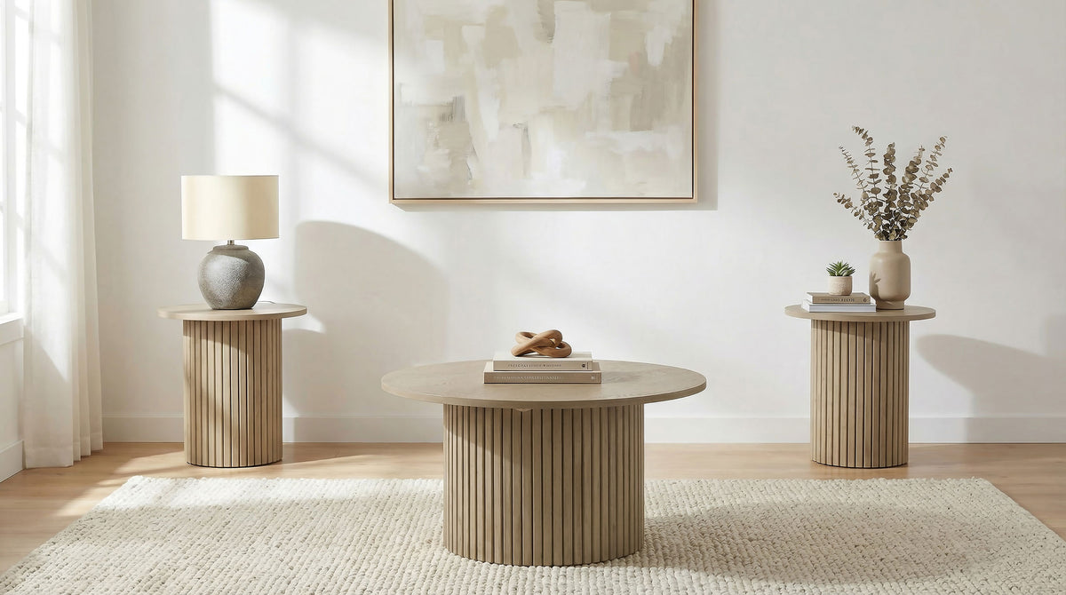 Hamlyn 3-piece Round Fluted Coffee and End Table Set - Natural Oak